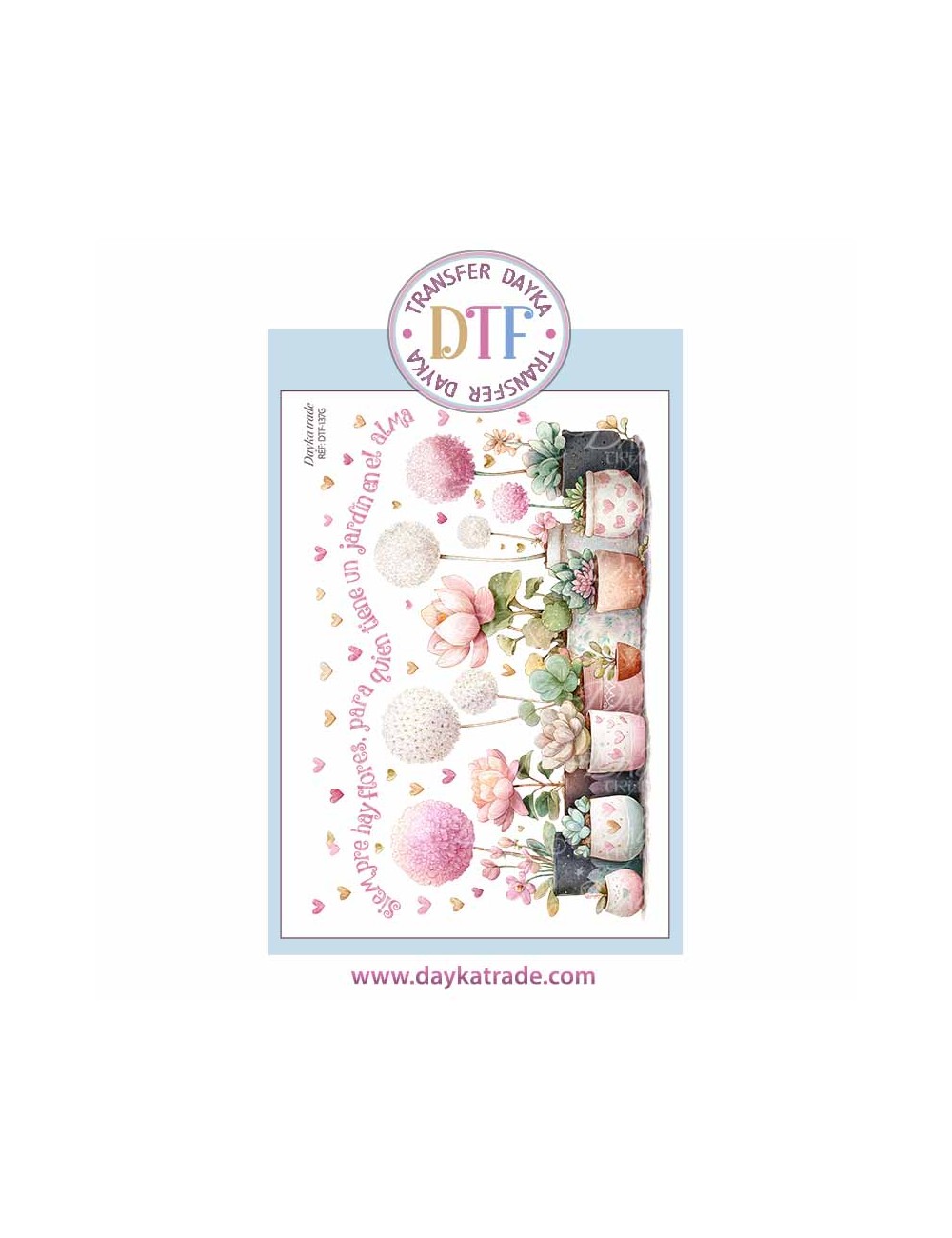 Trasferencia textil con dibujo de macetas con flores y texto
