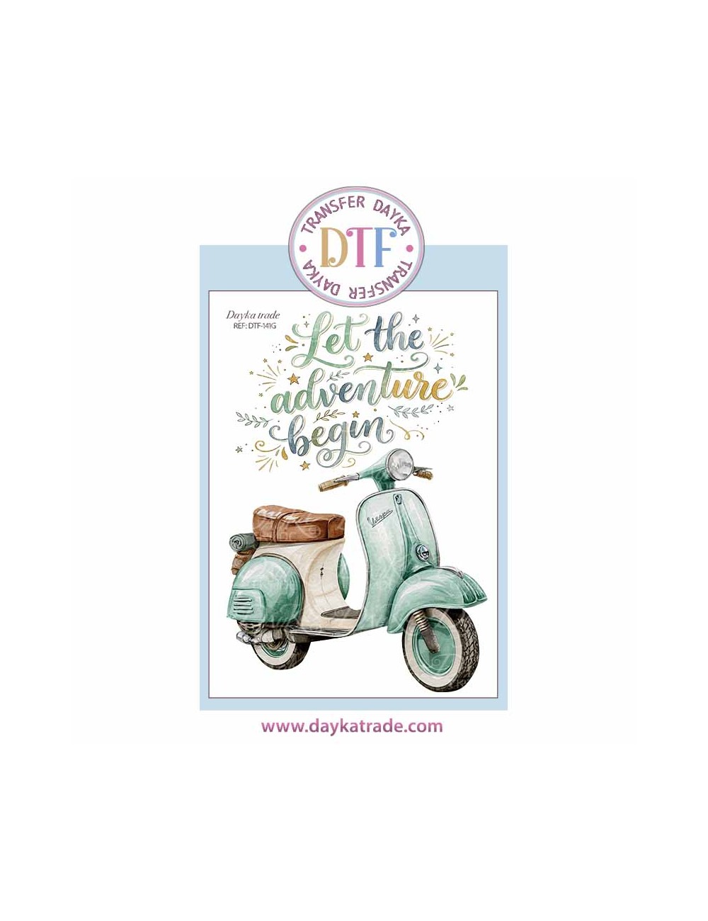 Dtf Dayka, trasferencia textil con dibujo de moto texto "Let the adventure begin"