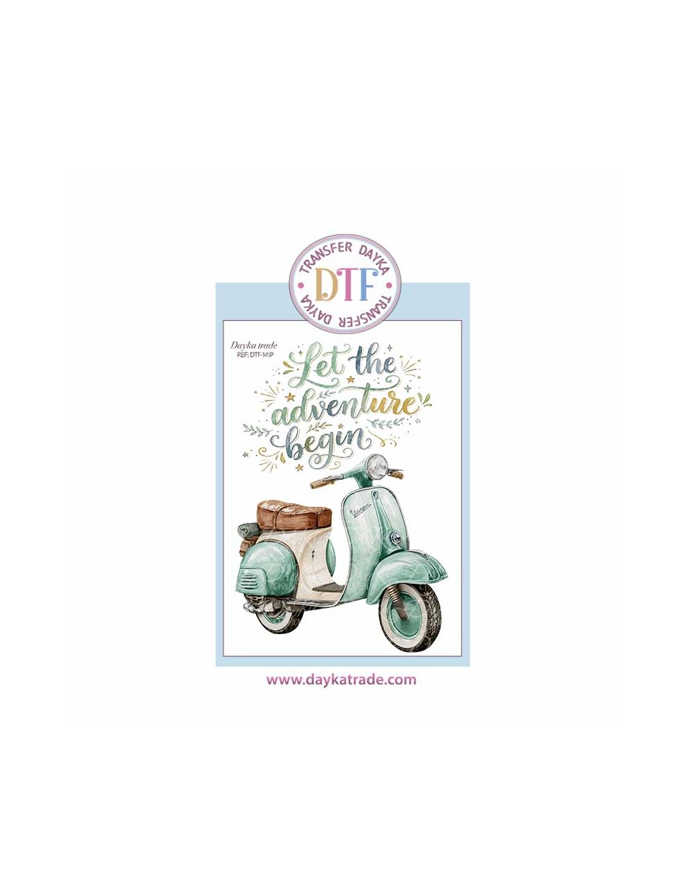 Dtf Dayka, trasferencia textil con dibujo de moto texto "Let the adventure begin"