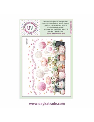 UV Sticker transparente con dibujo de macetas con flores y texto