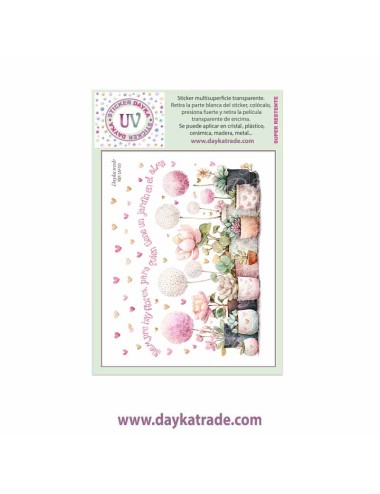 UV Sticker transparente con dibujo de macetas con flores y texto