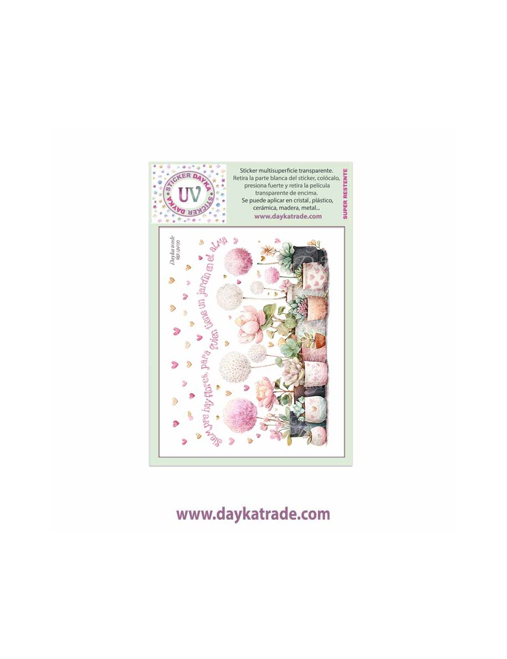 UV Sticker transparente con dibujo de macetas con flores y texto