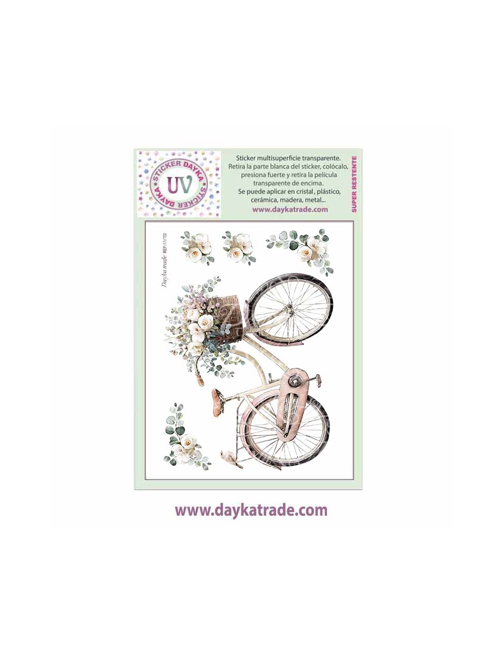 UV Sticker transparente con dibujo de bici con flores