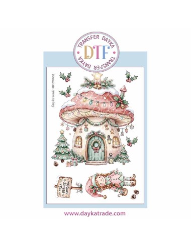 Dtf Dayka, trasferencia textil con dibujo Navideño de casita seta con elfa