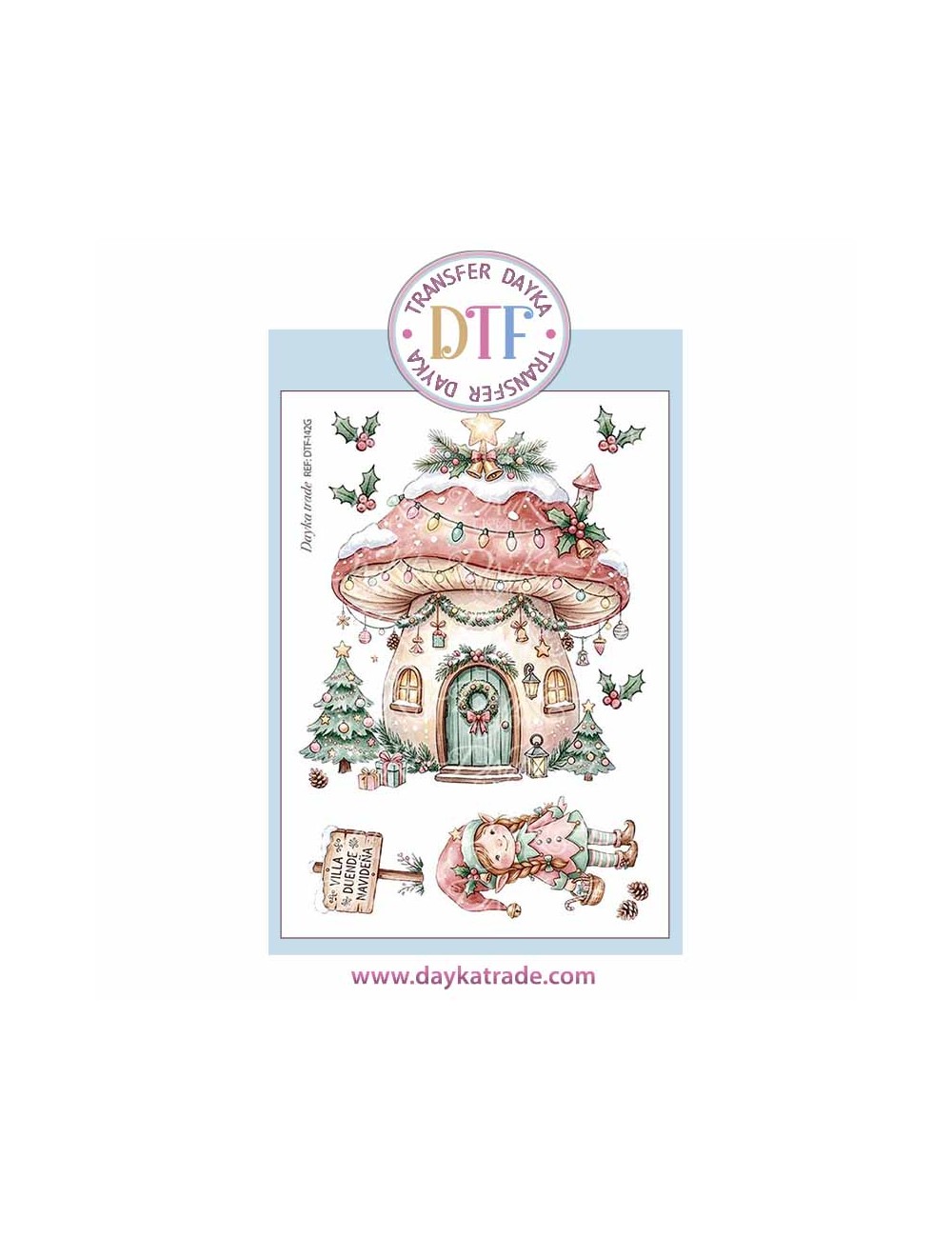 Dtf Dayka, trasferencia textil con dibujo Navideño de casita seta con elfa