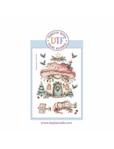 Dtf Dayka, trasferencia textil con dibujo Navideño de casita seta con elfa.