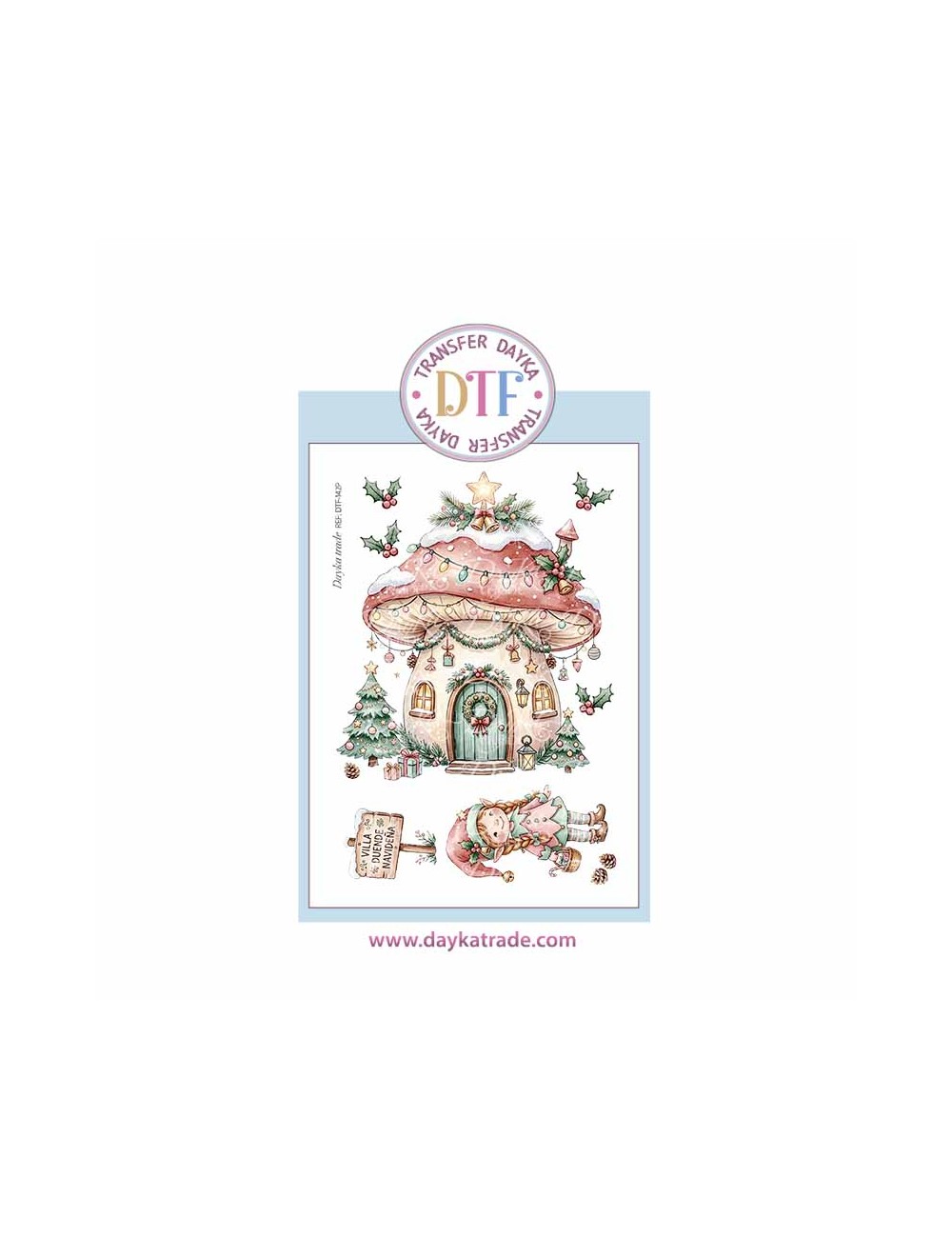 Dtf Dayka, trasferencia textil con dibujo Navideño de casita seta con elfa.