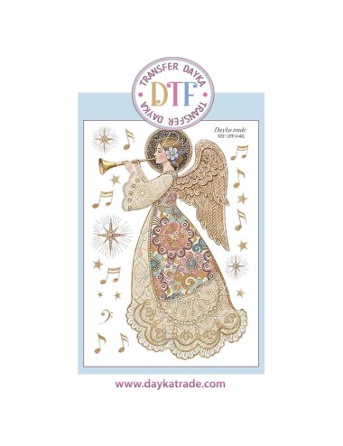 Dtf Dayka, trasferencia textil con dibujo Navideño de angelita con corneta.
