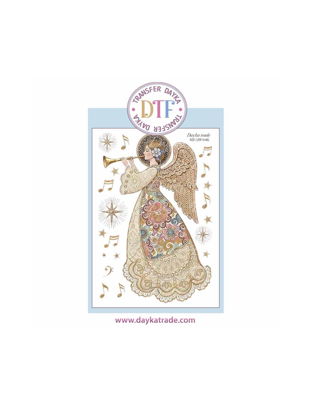 Dtf Dayka, trasferencia textil con dibujo Navideño de angelita con corneta.