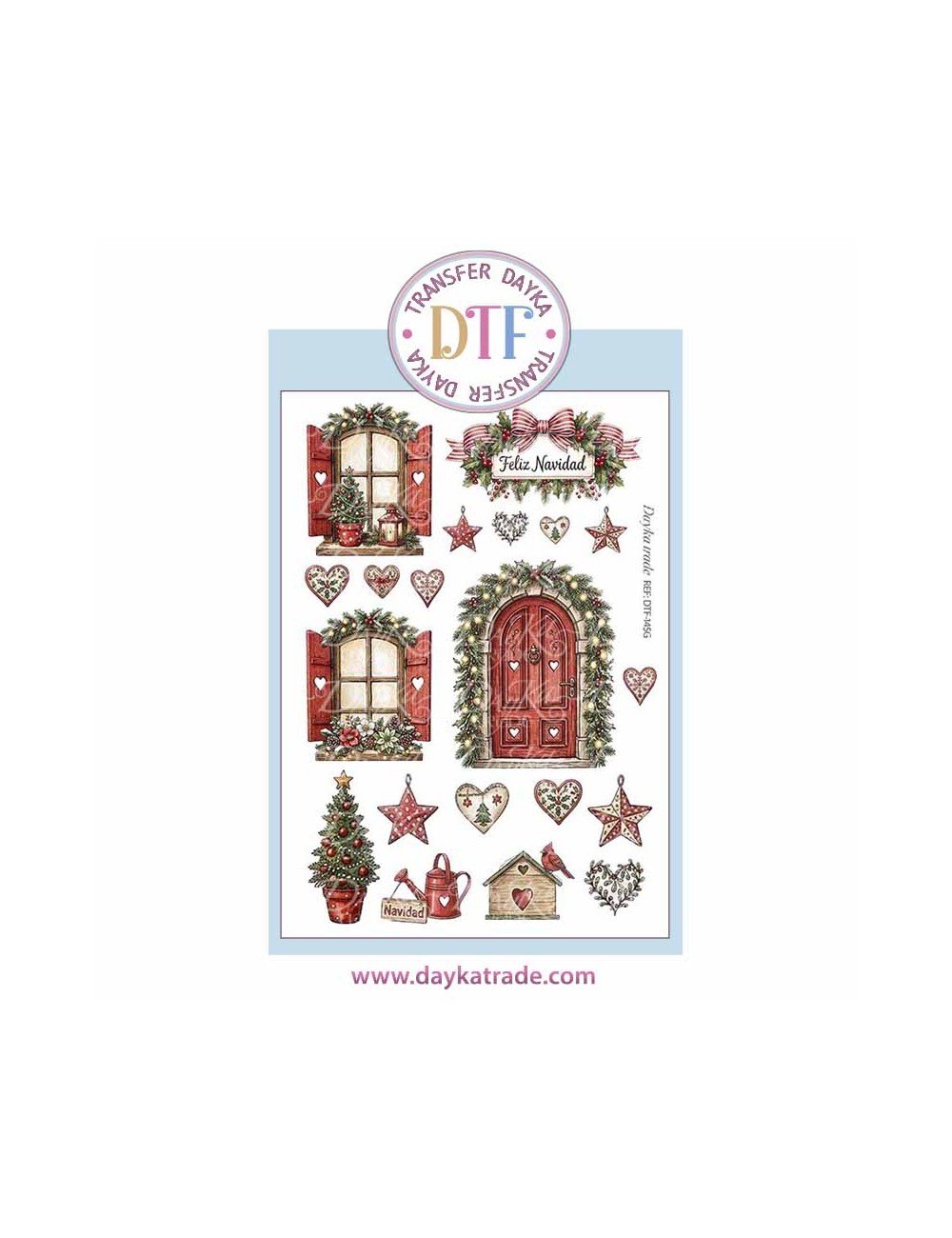 Dtf Dayka, trasferencia textil con dibujo Navideño de elementos de casita