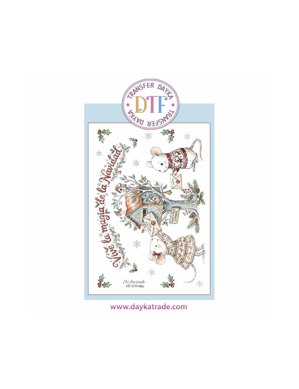 Dtf Dayka, trasferencia textil con dibujo Navideño de ratones con buzón