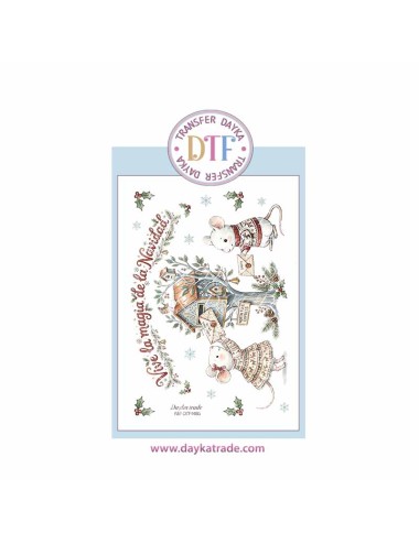 Dtf Dayka, trasferencia textil con dibujo Navideño de ratones con buzón