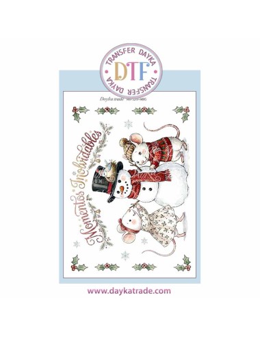 Dtf Dayka, trasferencia textil con dibujo Navideño de ratones con muñeco de nieve
