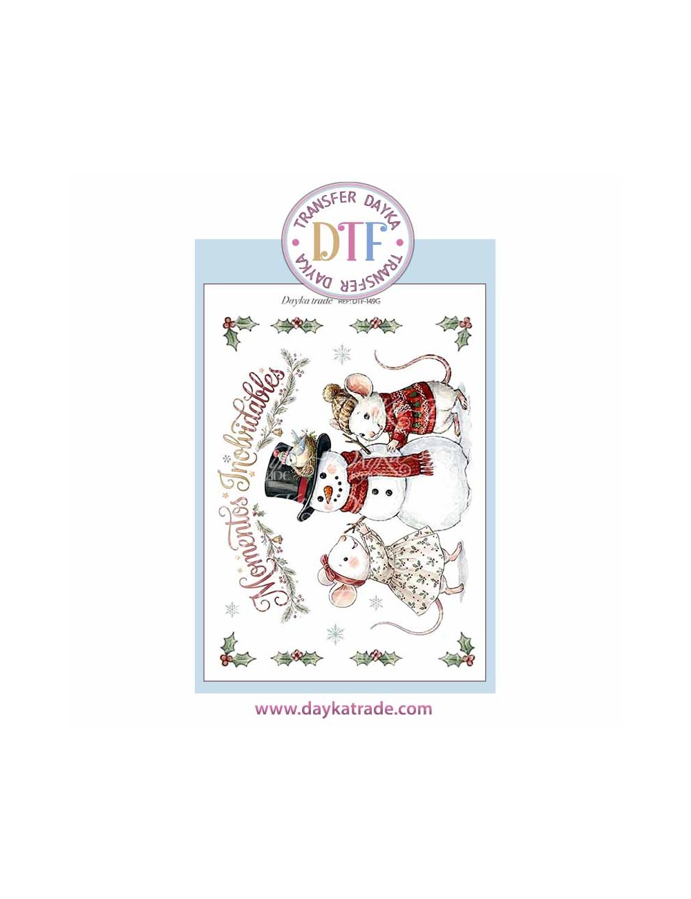 Dtf Dayka, trasferencia textil con dibujo Navideño de ratones con muñeco de nieve