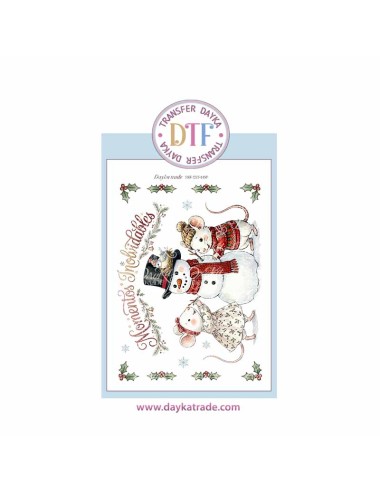 Dtf Dayka, trasferencia textil con dibujo Navideño de ratones con muñeco de nieve