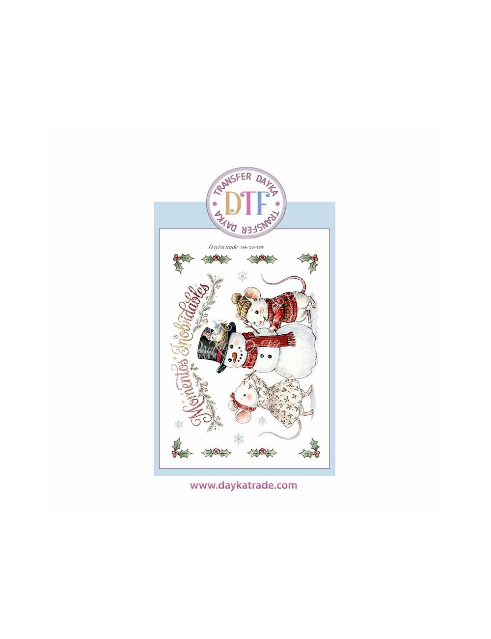 Dtf Dayka, trasferencia textil con dibujo Navideño de ratones con muñeco de nieve