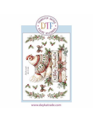 Dtf Dayka, trasferencia textil con dibujo Navideño de gallina Feliz navidad