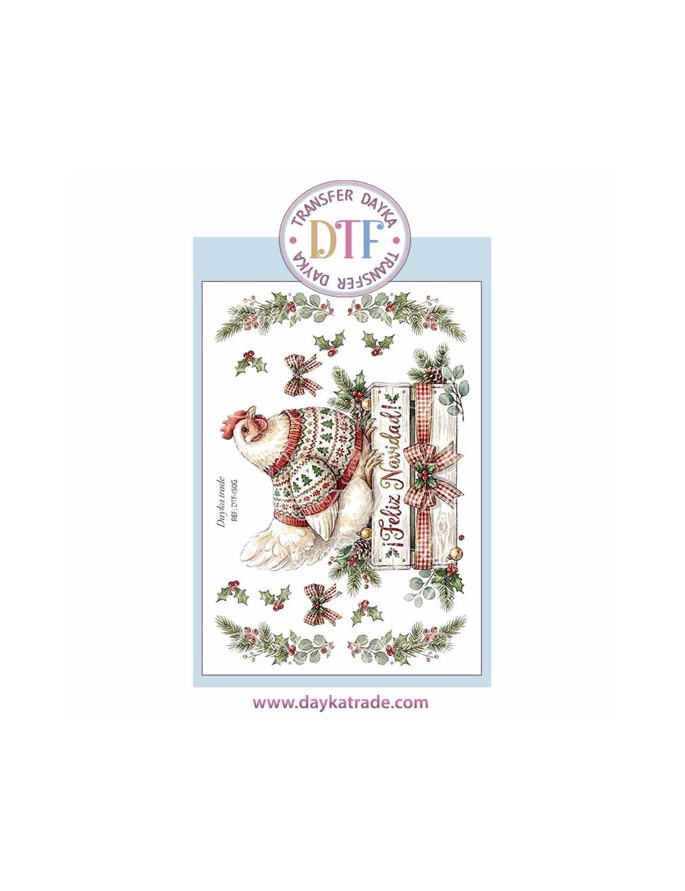 Dtf Dayka, trasferencia textil con dibujo Navideño de gallina Feliz navidad