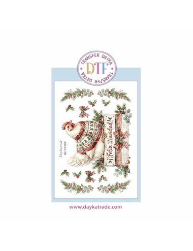 Dtf Dayka, trasferencia textil con dibujo Navideño de gallina Feliz navidad