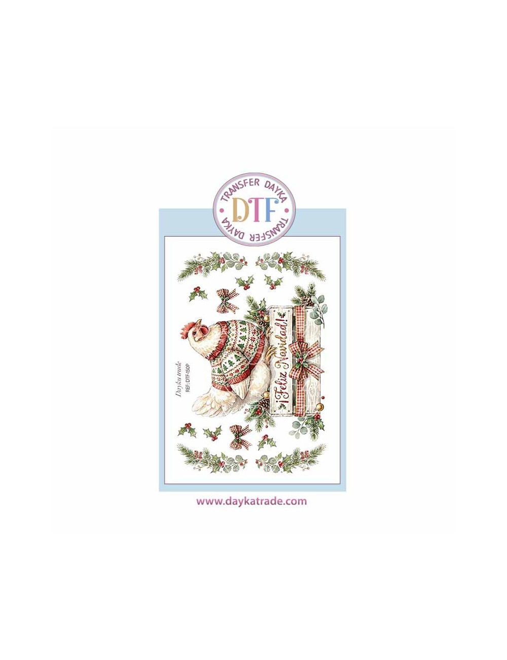 Dtf Dayka, trasferencia textil con dibujo Navideño de gallina Feliz navidad
