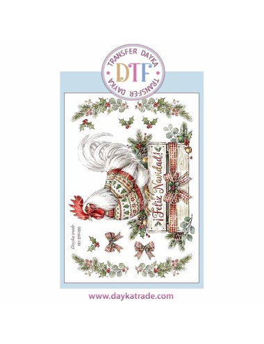 Dtf Dayka, trasferencia textil con dibujo Navideño de gallo Feliz navidad
