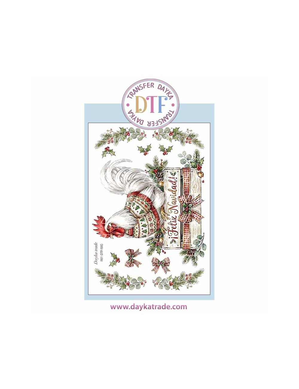 Dtf Dayka, trasferencia textil con dibujo Navideño de gallo Feliz navidad