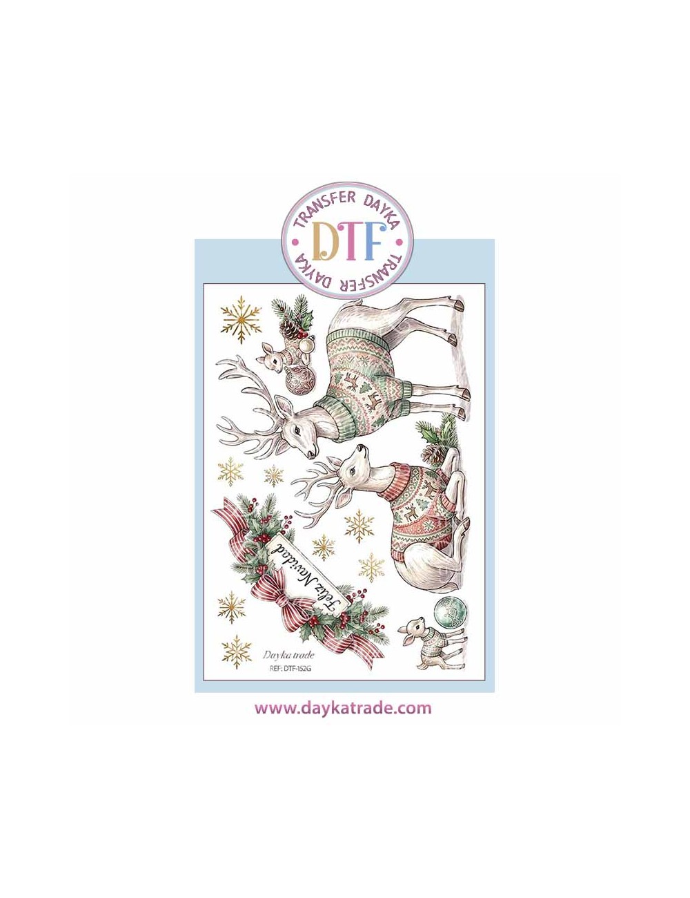 Dtf Dayka, trasferencia textil con dibujo Navideño de Renos Feliz navidad
