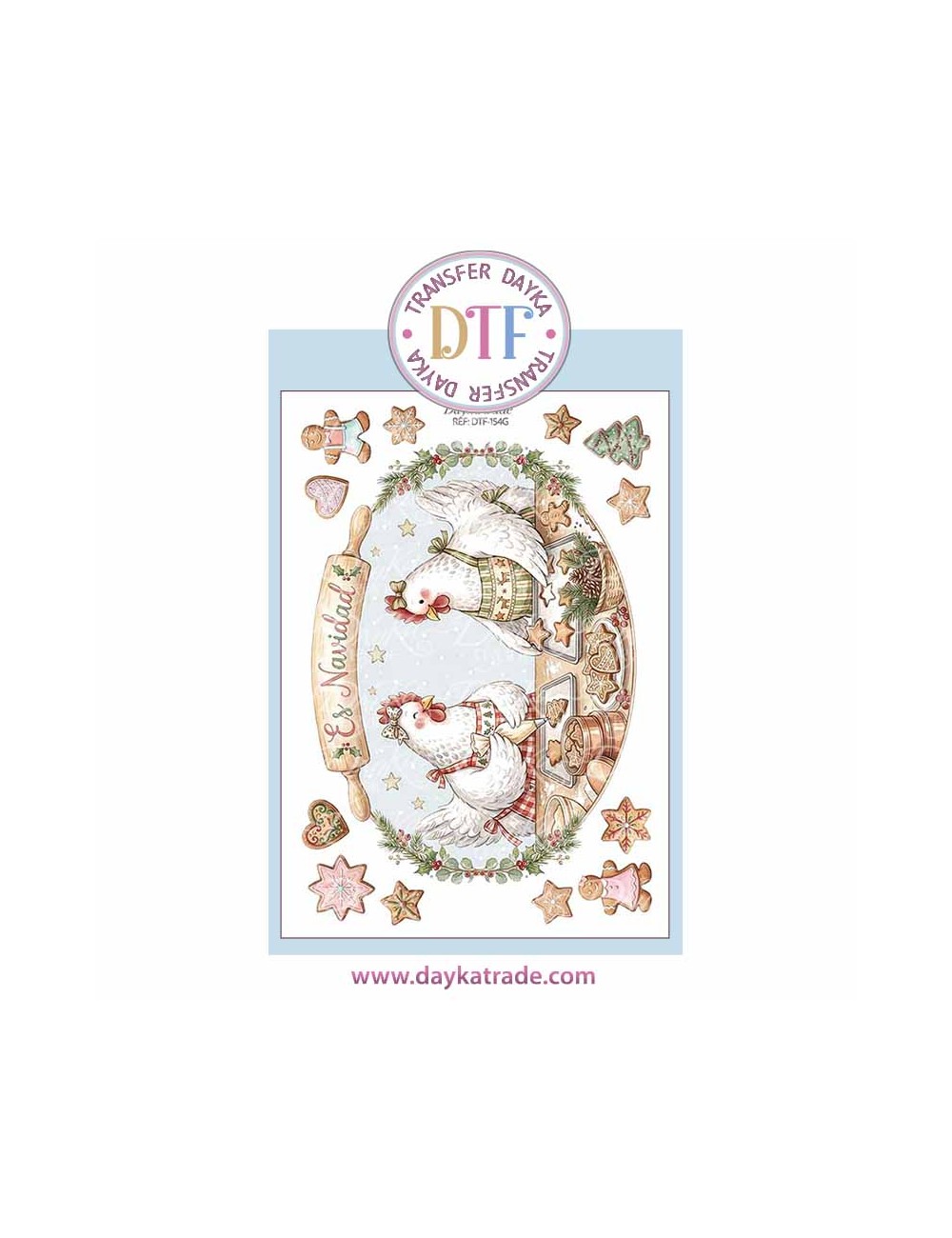 Dtf Dayka, trasferencia textil con dibujo Navideño de gallinas cocineras