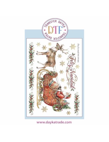 Dtf Dayka, trasferencia textil con dibujo Papá Noel en trineo y reno