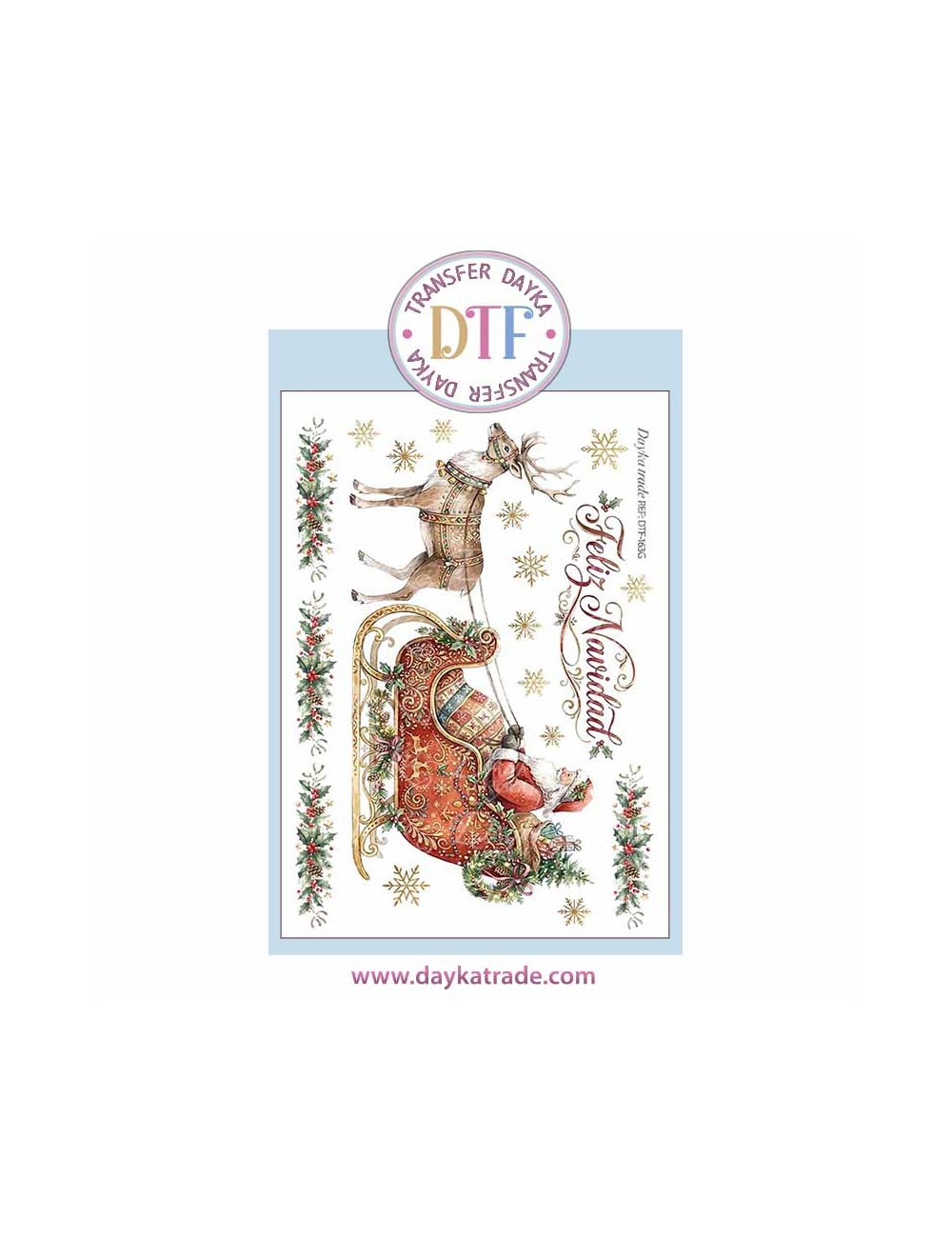 Dtf Dayka, trasferencia textil con dibujo Papá Noel en trineo y reno