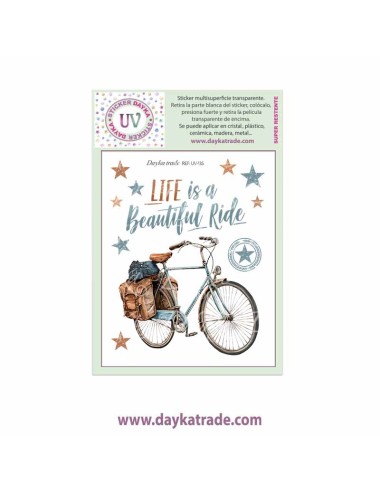 UV Sticker transparente con dibujo de bici con frase "life is a beautiful ride".