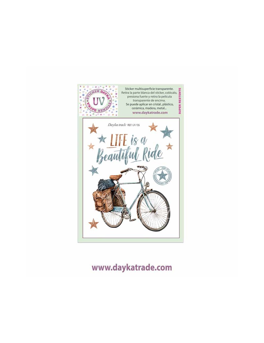 UV Sticker transparente con dibujo de bici con frase "life is a beautiful ride".