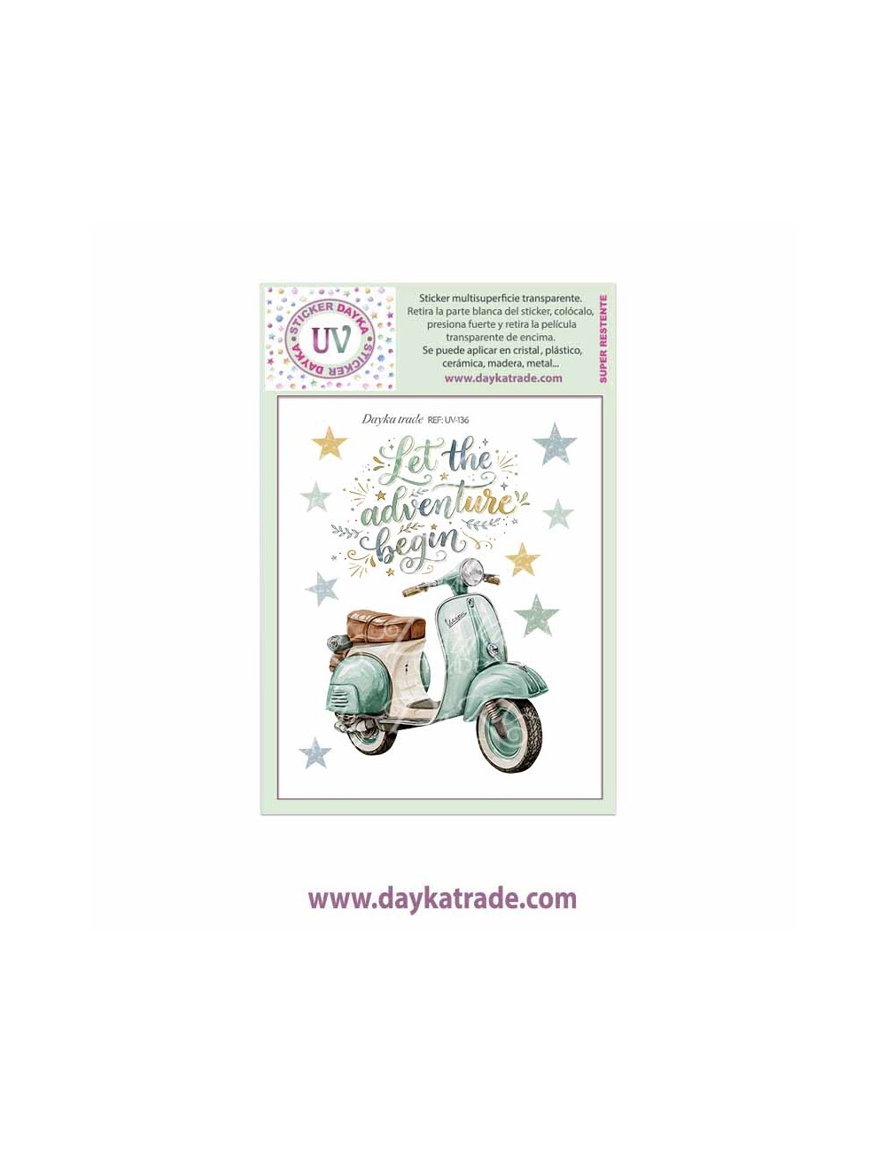 UV Sticker transparente con dibujo de bici con frase "Let the adventure begin".