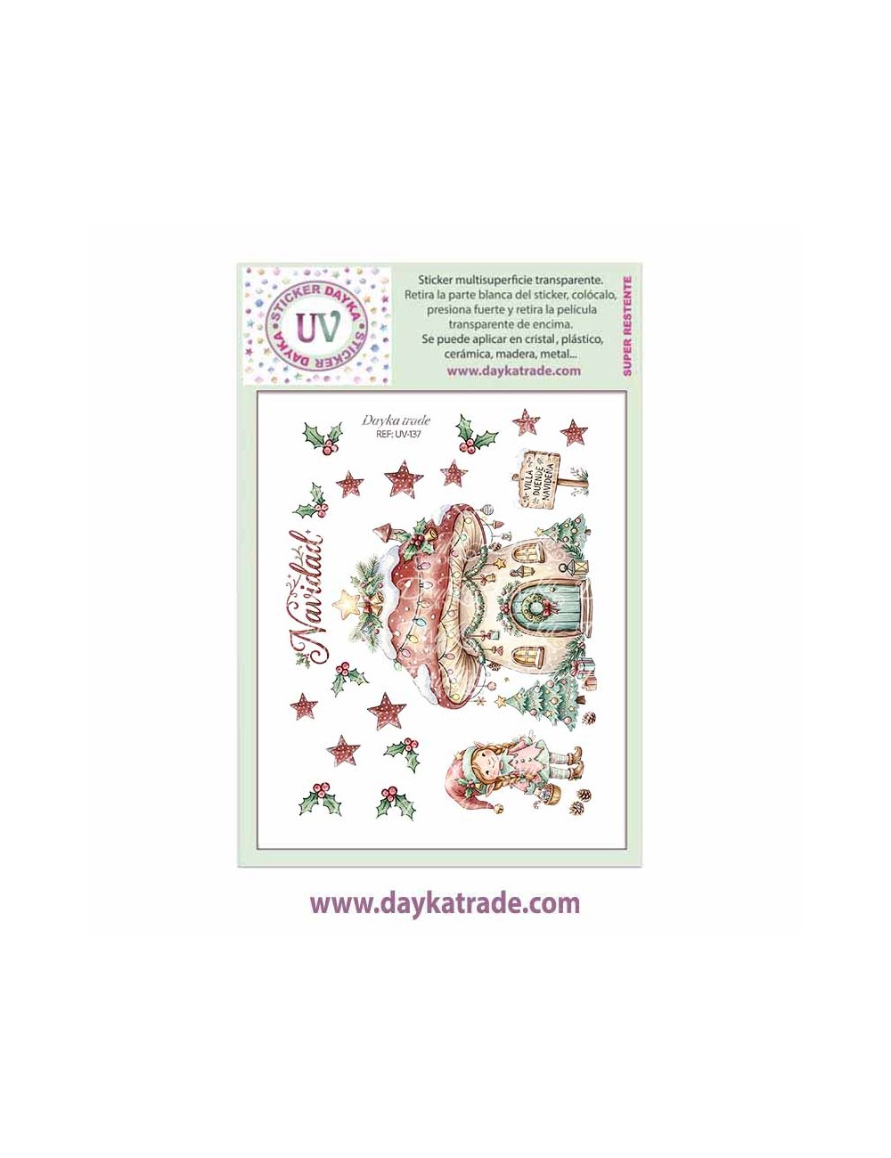 UV Sticker transparente con dibujo de Navidad de casita seta y elfa
