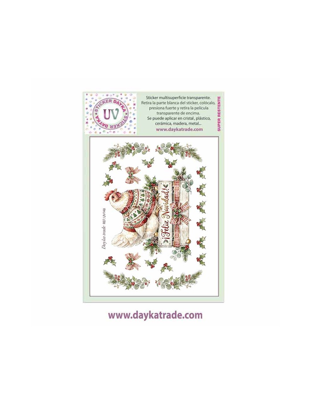 UV Sticker transparente con dibujo de Navidad de gallina en caja