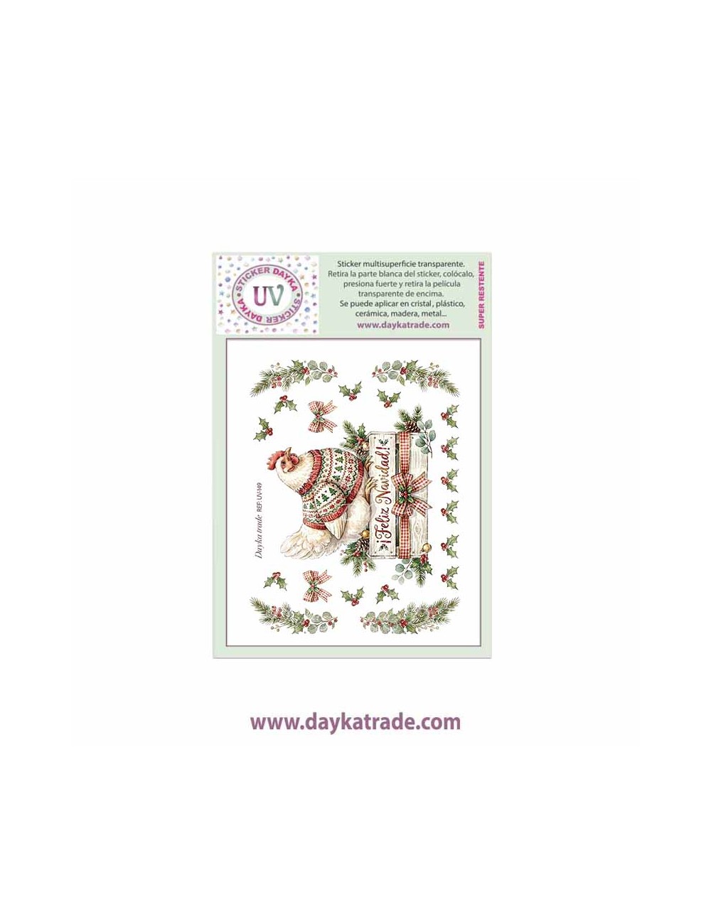 UV Sticker transparente con dibujo de Navidad de gallina en caja