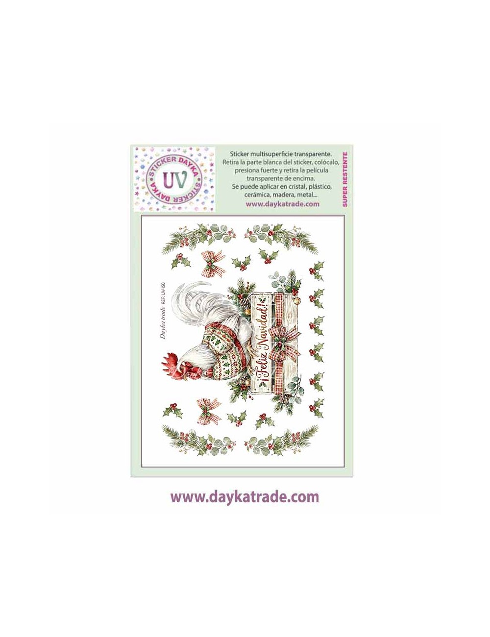 UV Sticker transparente con dibujo de Navidad de gallo en caja