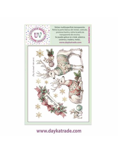 UV Sticker transparente con dibujo de Navidad de Renos con cartel de Feliz Navidad