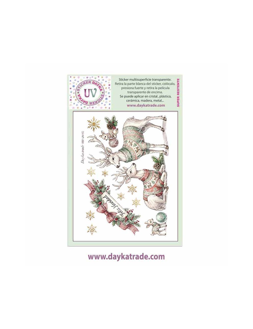 UV Sticker transparente con dibujo de Navidad de Renos con cartel de Feliz Navidad