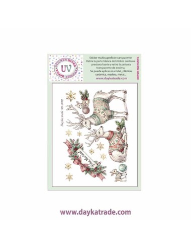 UV Sticker transparente con dibujo de Navidad de Renos con cartel de Feliz Navidad