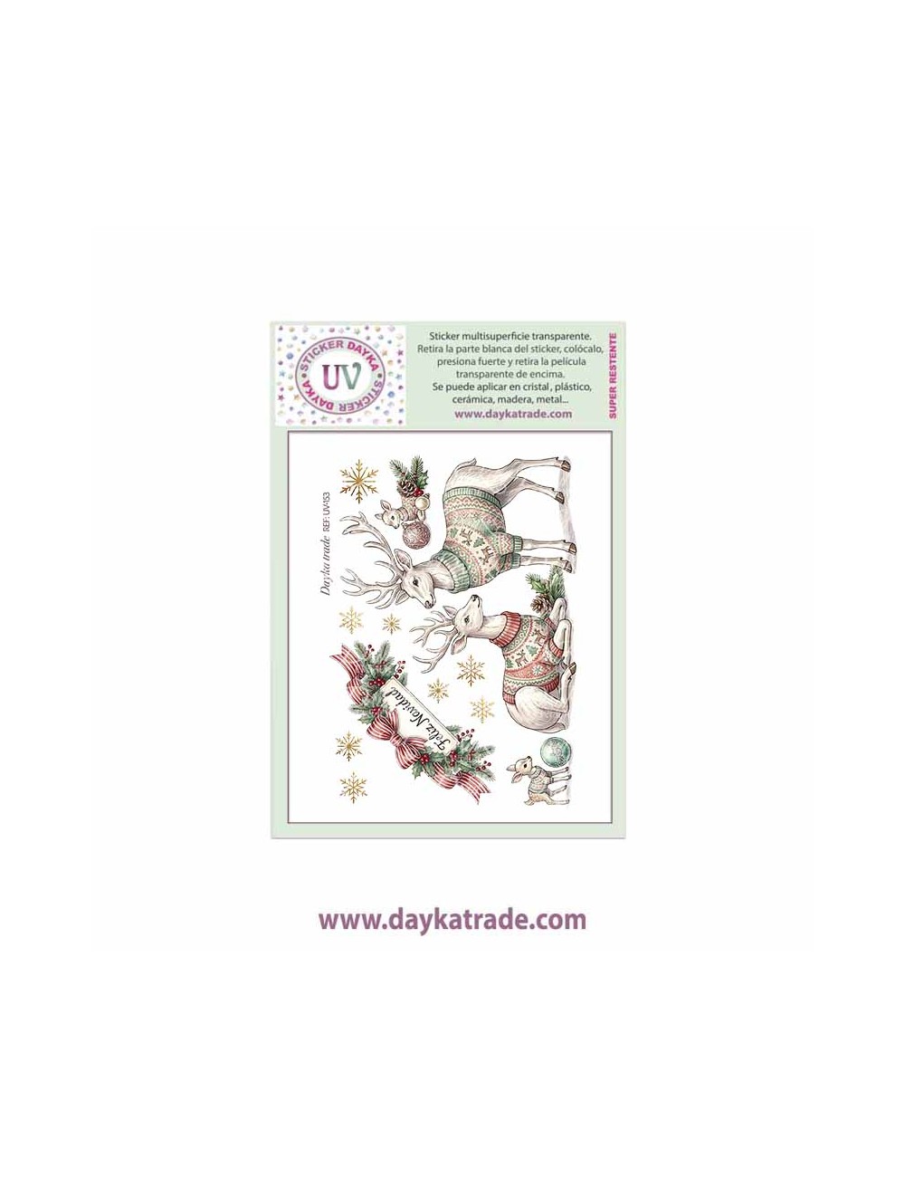 UV Sticker transparente con dibujo de Navidad de Renos con cartel de Feliz Navidad