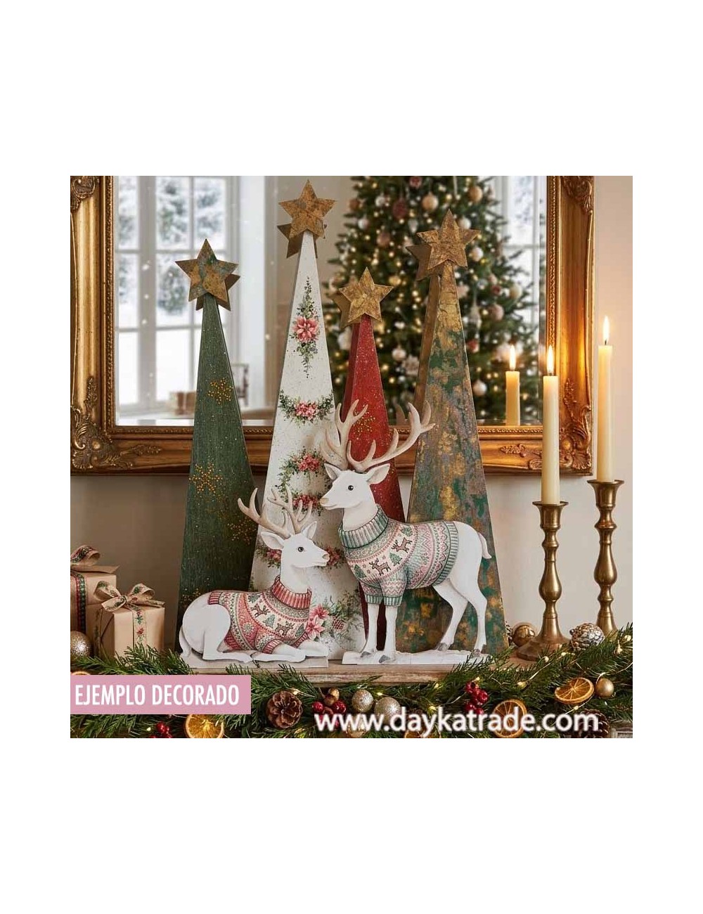 Renos con árboles y tela prediseñada, para decoraciónde  Navidad