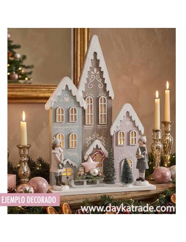 Casitas navideñas y 2 figuras de niño y niña, siluetas para decoración navideña