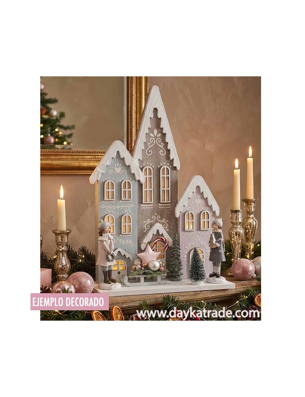 Casitas navideñas y 2 figuras de niño y niña, siluetas para decoración navideña
