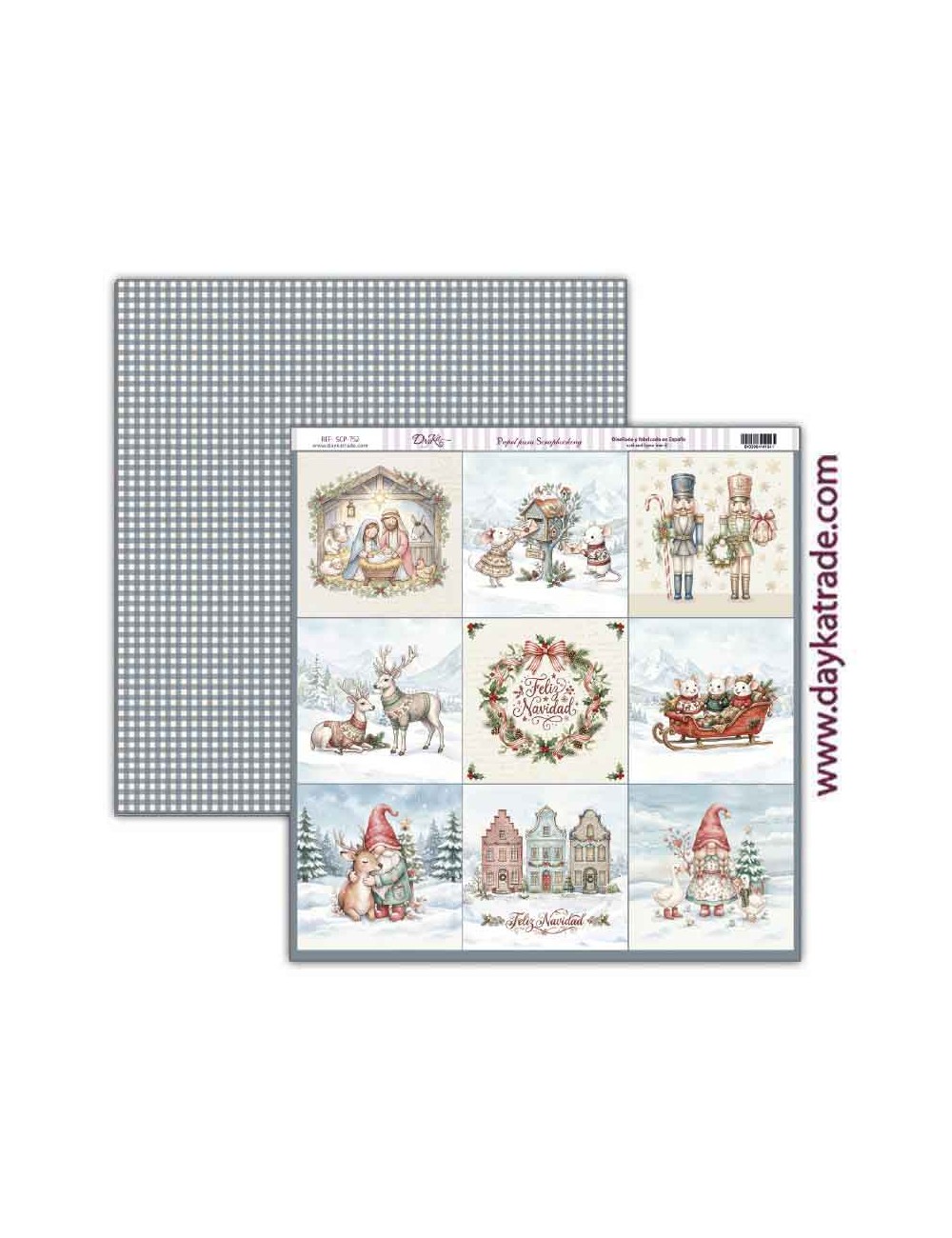 Papel scrap colección " Pide tu deseo en Navidad" 9 ilustraciones, de gnomos, renos, ratones, belén, casca nueces etc. Y trasera