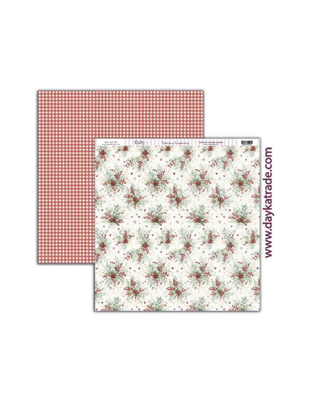 Papel scrap colección " Pide tu deseo en Navidad" fondo de flores navideñas y trasera de vichy rojo y beige