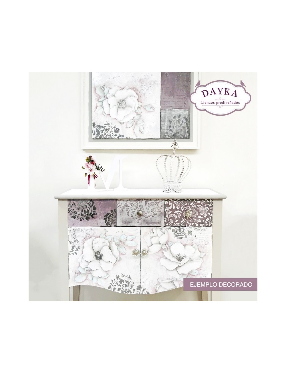 mueble aparador con lienzo prediseñado rosas