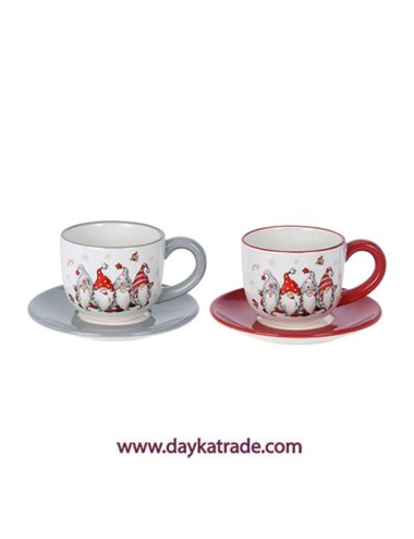 set de 2 tazas con plato rojo y gris