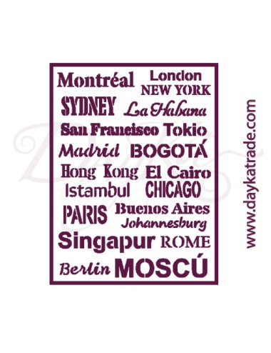 Plantillas de estarcido A4 dayka.  fondo texto países "singapur, moscú"
