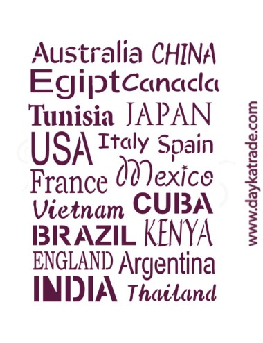 Plantillas de estarcido A4 dayka. fondo texto países "canadá, australia"